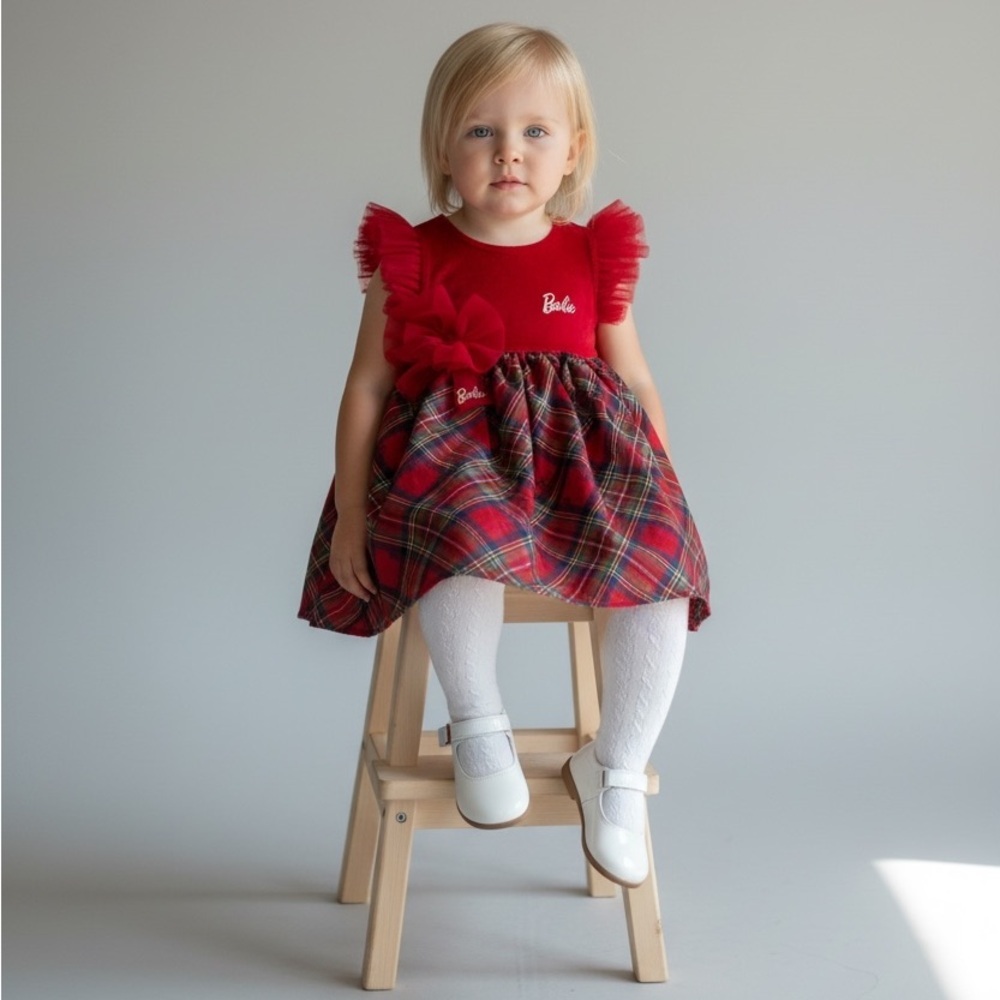 Barbie Holiday 2024 Red Blue Plaid Dress with Tulle Bow Girls new size 4T